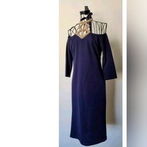 Navy Blue Pencil Dress Rhinestone Halter Neck 3/4 Sleeve Pullover Sz XL